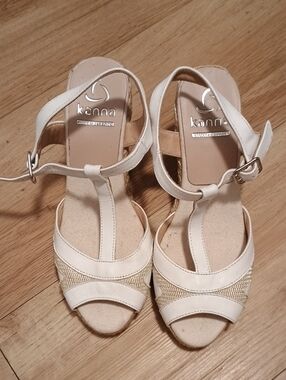 kanna Cream & White T‑Strap Wedge Espadrille Sandals